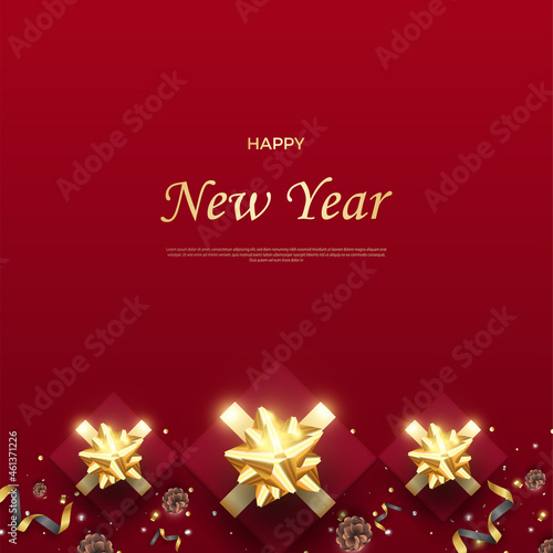 Happy New Year with a sweet and parallel decoration of three gift boxes.
