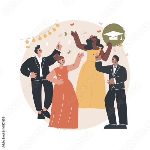 Prom party abstract concept vector illustration. Prom night invitation, promenade school dance, graduate occasion, school ball, students party, glamorous event, special night abstract metaphor.