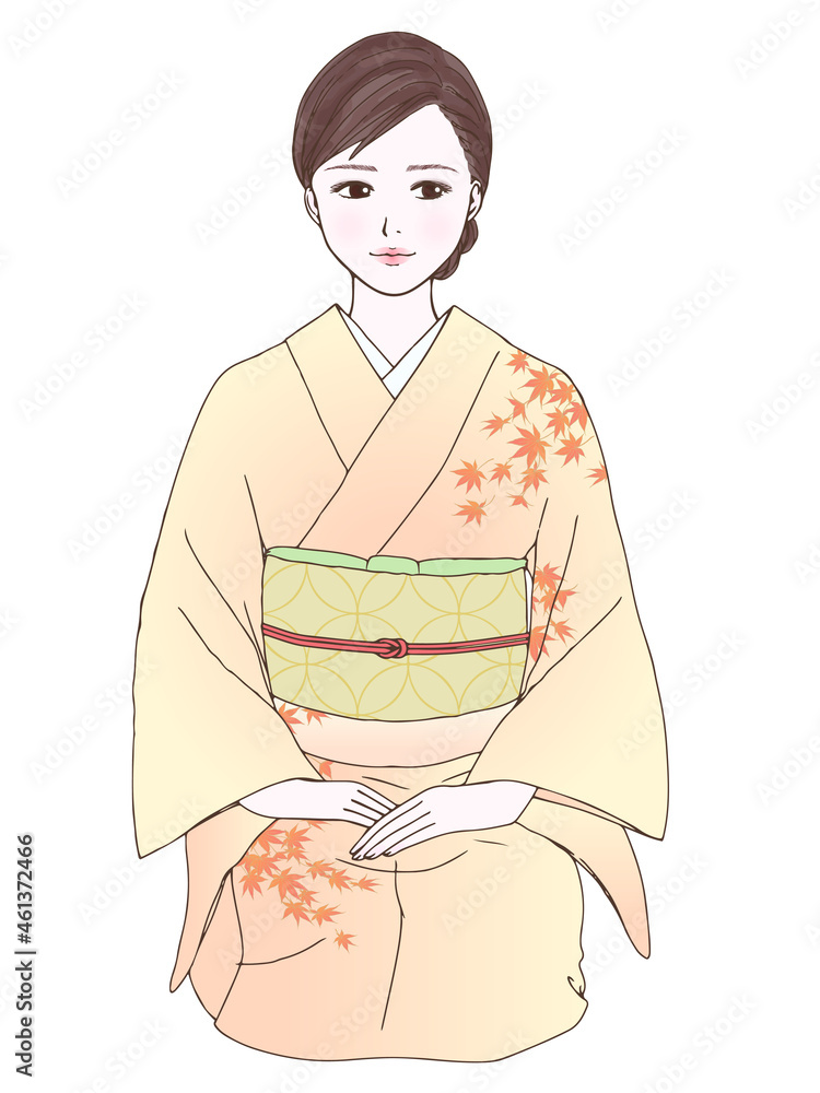 着物の女性_正座_正面_もみじ柄_流し目