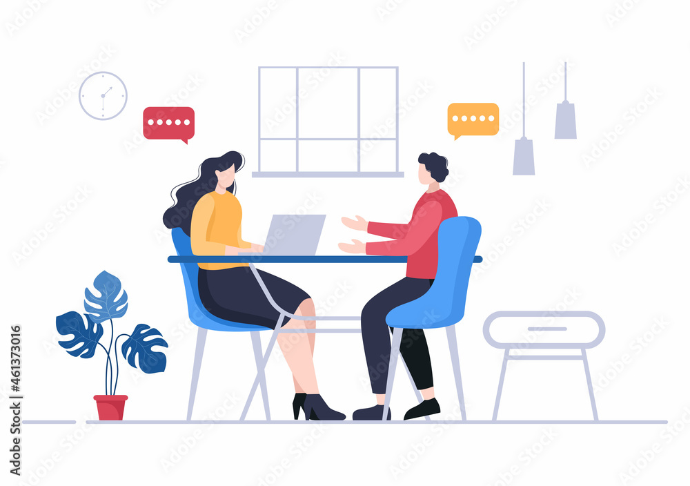 Job Interview Meeting, Candidate and HR Manager. Idea of Employment and Hiring, Business Man or Woman at Table, Vector Illustration For Conversation, Career, Human Resource Concept