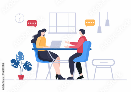 Job Interview Meeting, Candidate and HR Manager. Idea of Employment and Hiring, Business Man or Woman at Table, Vector Illustration For Conversation, Career, Human Resource Concept