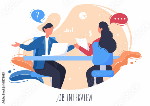 Job Interview Meeting, Candidate and HR Manager. Idea of Employment and Hiring, Business Man or Woman at Table, Vector Illustration For Conversation, Career, Human Resource Concept