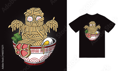 Monster Ramen illustration with tshirt design premium vector