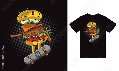 Burger skatebording illustration with tshirt design premium vector