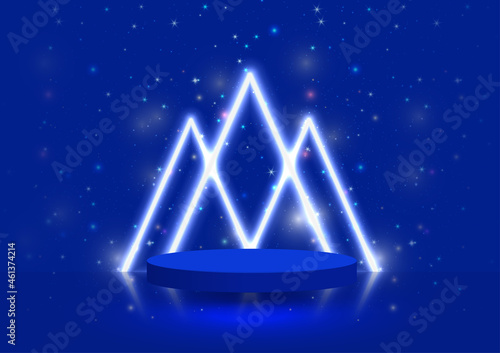 Stage podium decorated with neon lighting triangle shape.Abstract Christmas mock-up scene. Blue 3d circle pedestal for a product, show, award on blue background. Xmas day backdrop.Vector illustration.