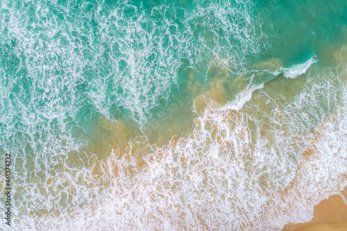 Aerial view sea wave on sand beach turquoise water summer vacation concept