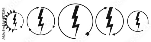 Electric car charging and renewable energy icons, graphic design template, lightning bolt, vector illustration
