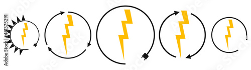 Electric car charging and renewable energy icons, graphic design template, lightning bolt, vector illustration