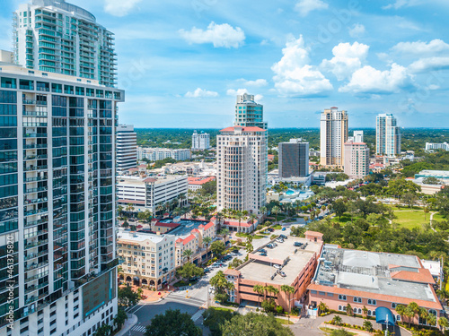 Panorama of St Petersburg city downtown. Cityscape with Skyline or skyscrapers buildings. State Florida. Aerial photography