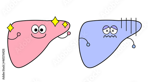 肝臓のシンプルなイラスト。健康なものと不健康なもの。キャラクターバージョン。