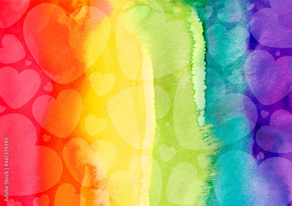 watercolor painted rainbow background with hearts. bright smooth transitions to colors. LGBT flag brush stroke. Human rights and tolerance. Support for LGBTQ. poster, banner, background.