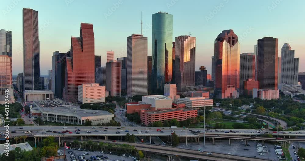 Aerial view of downtown Houston during golden hour Aerial view of downtown Houston during golden hour