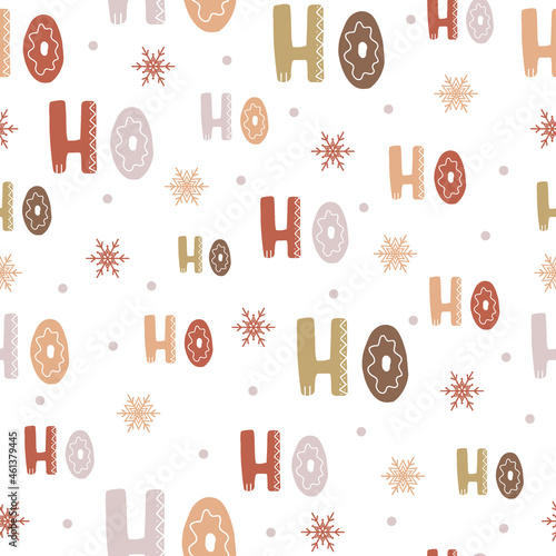 Seamless pattern with scandinavian lettering hohoho. Cute letter and snowflake on white background. Abstract wallpaper and wrapping decoration. Symbol of Merry Christmas and New Year