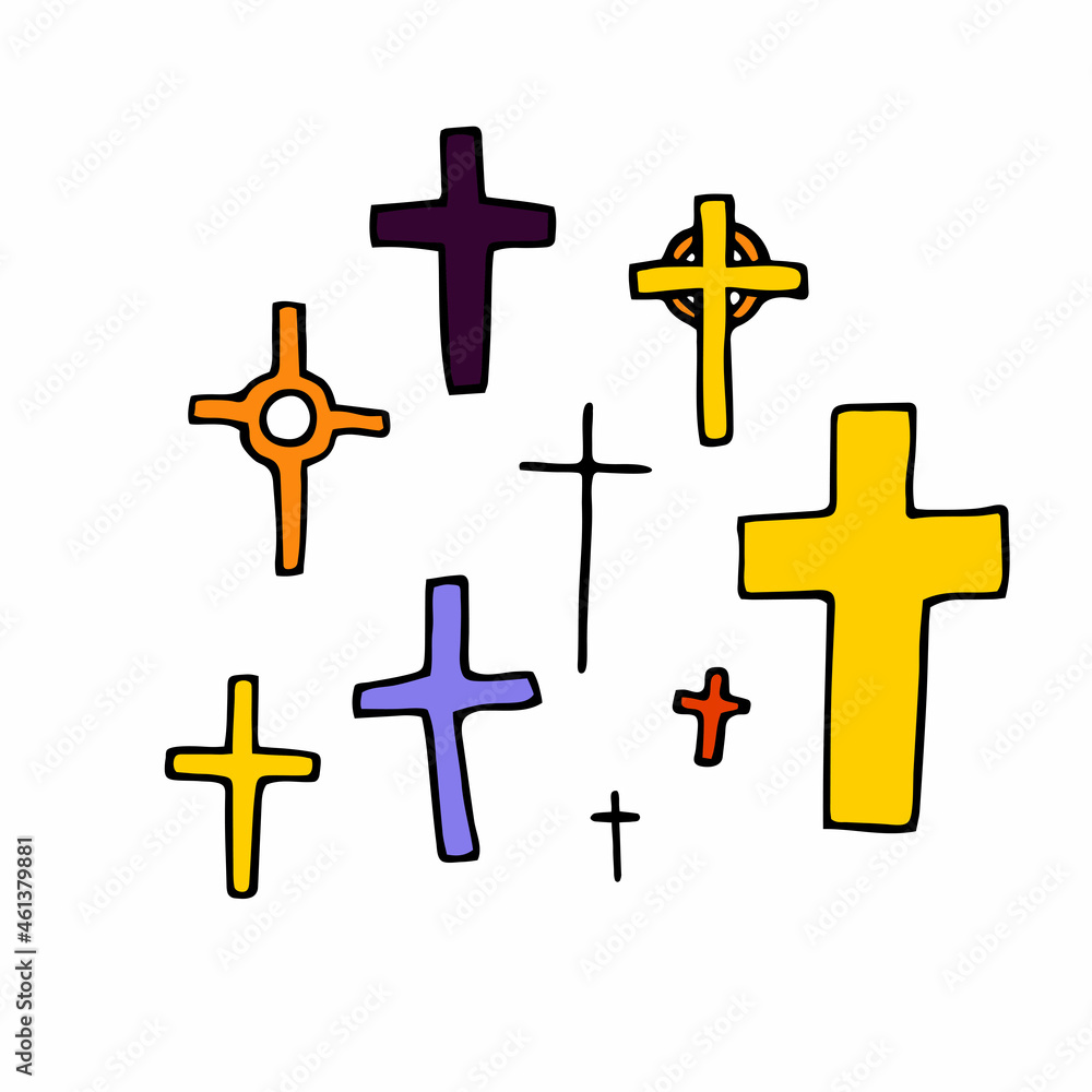 Doodle crosses set. Outline grave isolated on white background. Color Sign of Halloween, Day of the Dead, burial, RIP, church. Religious sketch symbol of different shapes. Vector Gothic illustration
