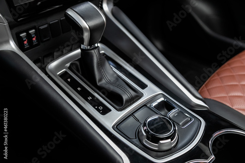 Close-up view of the automatic gearbox lever. Interior car, automatic transmission gearshift stick