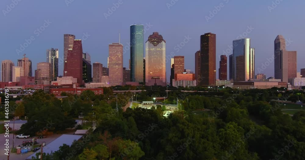 Aerial view of downtown Houston during golden hour Aerial view of downtown Houston during golden hour