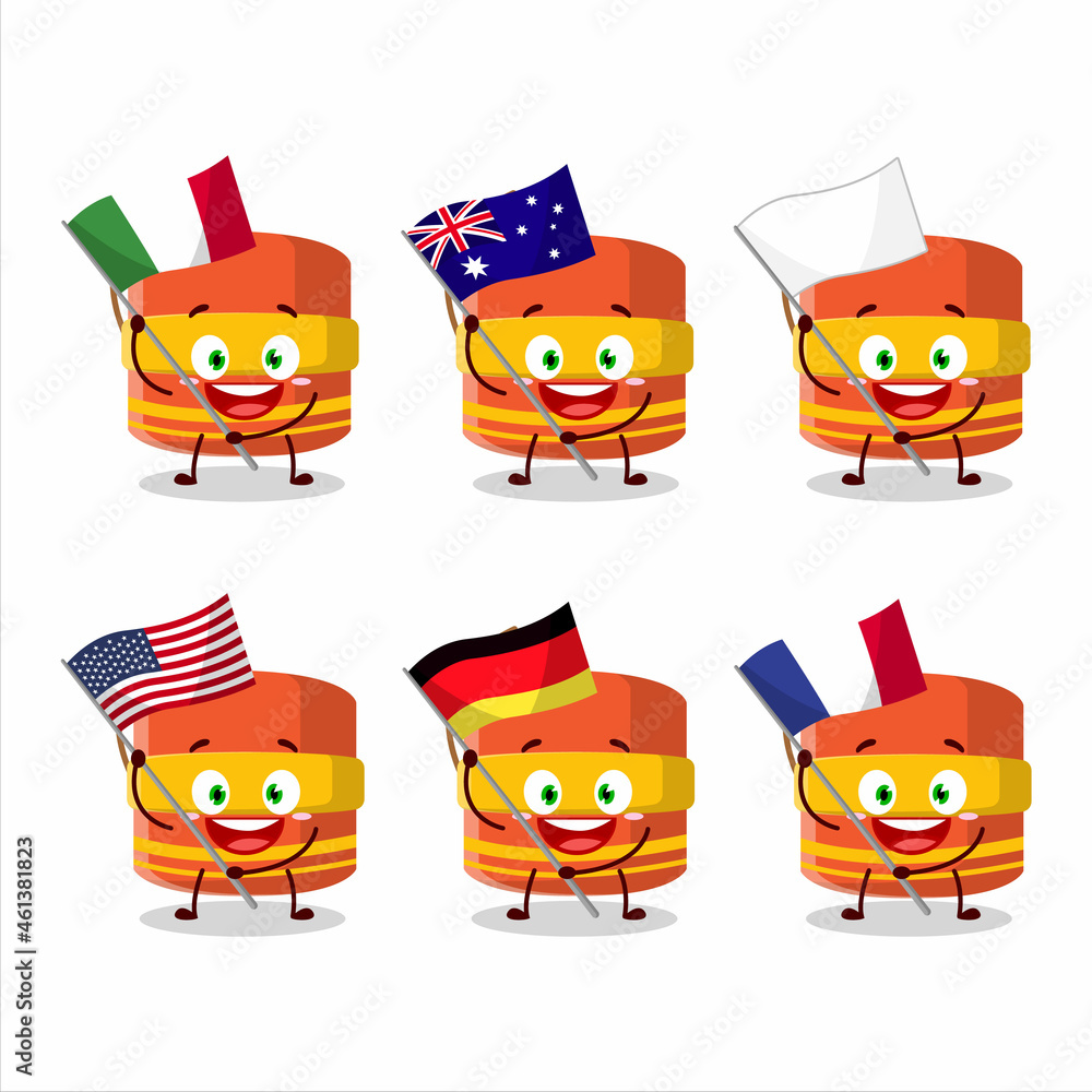 Cylindrical firecracker cartoon character bring the flags of various countries