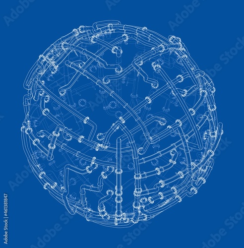 Pipes with flanges around a large sphere. Vector