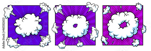 Surprising boom cloud in halftone background for sales and promotions. Purple banner template for surprises and bursting events. Vector illustration in pop art style