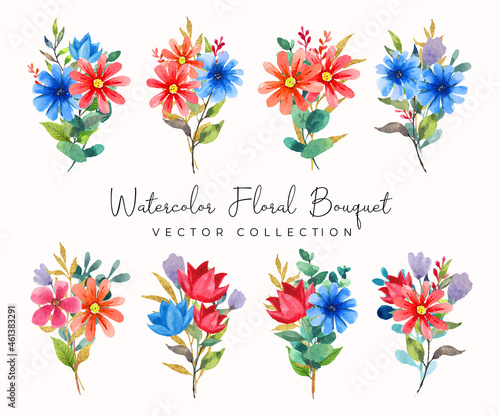 Watercolor floral bouquet of red and blue flowers vector collection 