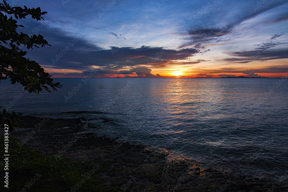 Travel island view point with evening sunset and twilight cloud sky background landscape in Thailand