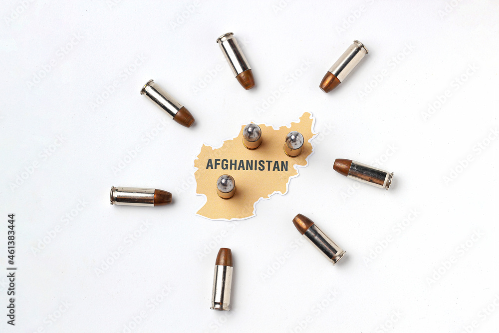 Afghanistan map logo icon with real gun bullet ammo around country on white background in concept of middle east war and conflict Afghanistan map logo icon with real gun bullet ammo around country on white background in concept of middle east war and conflict