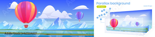 Parallax game background hot air balloons flying above ocean or sea and mountain peaks in blue cloudy sky. Scenery 2d landscape, ui layered animation scene with aerostat, Cartoon vector illustration