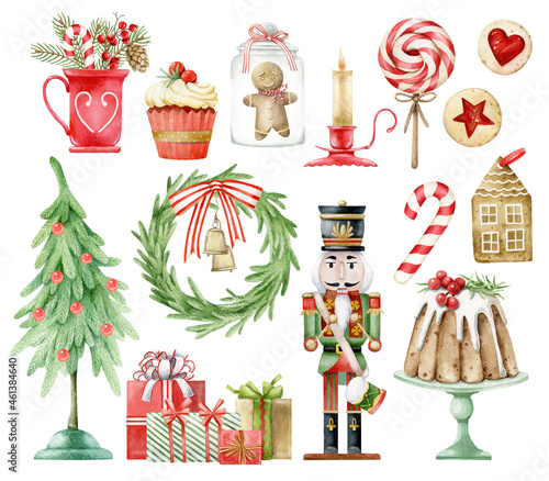 Set of elements for Christmas. Watercolor hand-drawn illustration. 