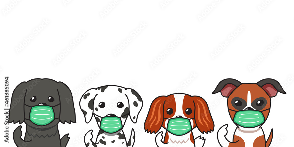 Set of cartoon character cute dogs wearing protective face masks for design. Set of cartoon character cute dogs wearing protective face masks for design.