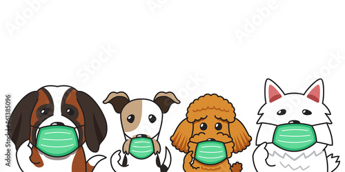 Set of cartoon dogs wearing protective face masks for design.