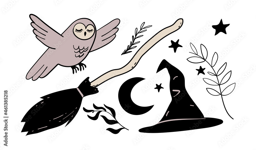 Obraz premium A set of elements for the witch. Magic broom, owl, witch hat. Flat vector stickers for Halloween isolated on white background. Cartoon design.