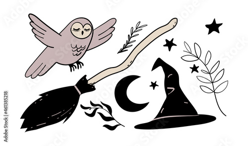 A set of elements for the witch. Magic broom, owl, witch hat. Flat vector stickers for Halloween isolated on white background. Cartoon design.
