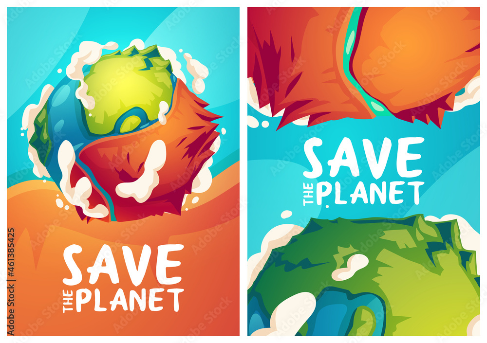 Save planet posters with Earth globe with dry part. Vector banners of environment protection, nature conservation with cartoon illustration of green planet with big dirty desert - obrazy, fototapety, plakaty 