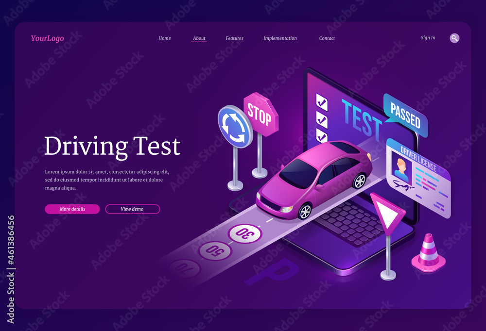 Driving test banner. Education in driver school, online quiz and pass exam. Vector landing page