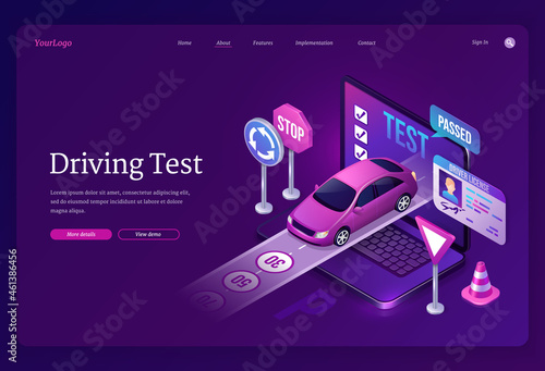 Driving test banner. Education in driver school, online quiz and pass exam. Vector landing page with isometric illustration of laptop with test, car on road, traffic cone, signs and id card