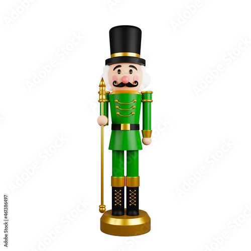 Christmas nutcracker toy soldier traditional figurine isolated on white background with clipping path included. 3d rendering