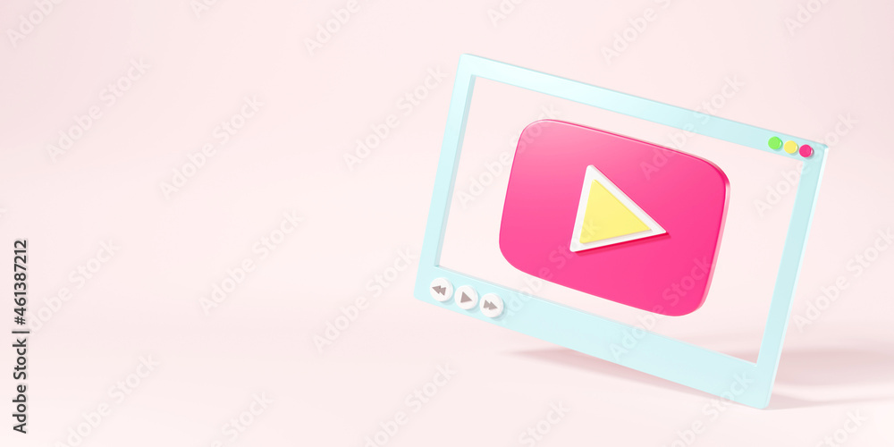Video media player screen interface for social media template for web or mobile apps on pink background, Play movie video online mock up, 3D rendering illustration Video media player screen interface for social media template for web or mobile apps on pink background, Play movie video online mock up, 3D rendering illustration