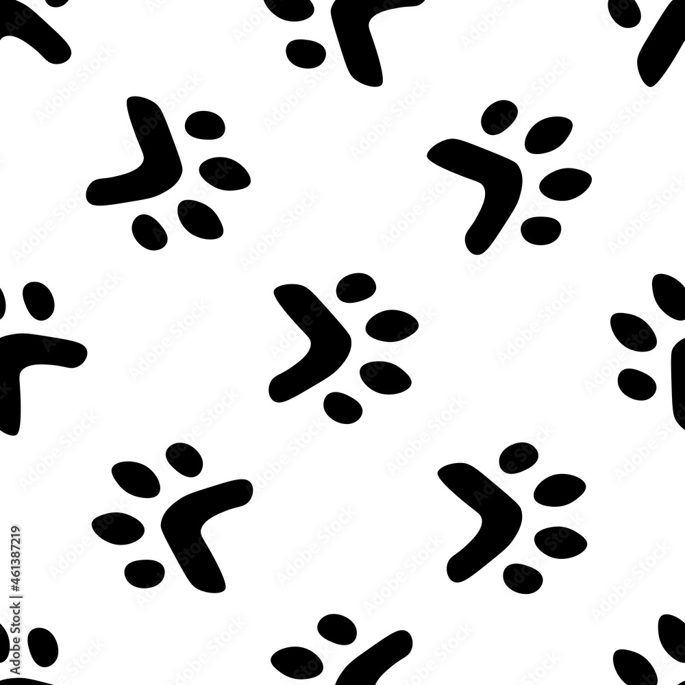 Flat cartoon animal footprint silhouette seamless pattern. Cat or dog foot, unknown animal. Black print paw trace. Vector illustration. Trendy style design Flat cartoon animal footprint silhouette seamless pattern. Cat or dog foot, unknown animal. Black print paw trace. Vector illustration. Trendy style design