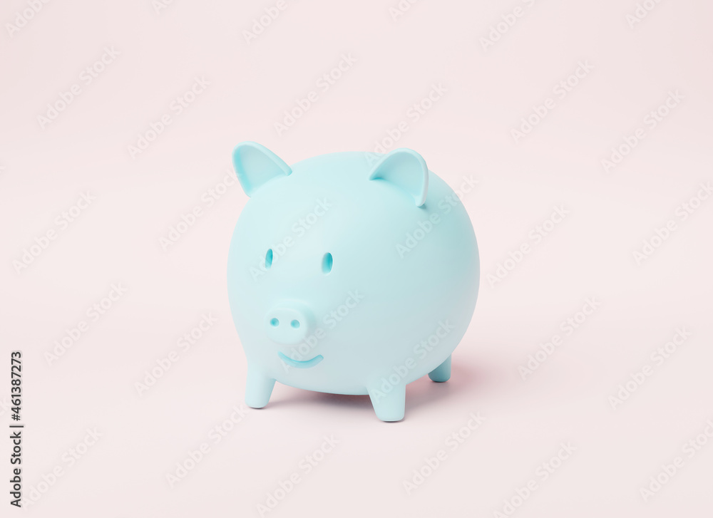 Blue Piggy bank on pink background, cartoon minimal style, single pig, saving or accumulation of money, investment, 3D rendering illustration