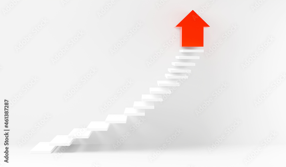 Stairs step up going success upward on interior white wall, Business growth, minimal modern graphic design, 3D rendering illustration Stairs step up going success upward on interior white wall, Business growth, minimal modern graphic design, 3D rendering illustration