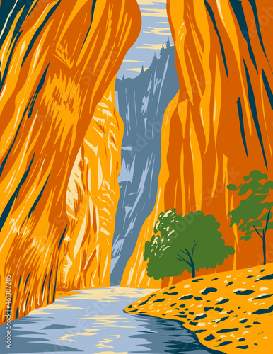 WPA poster art of the Narrows of Zion Canyon situated on the North Fork of the Virgin River in Zion National Park, Utah, United States USA done in works project administration style. photo