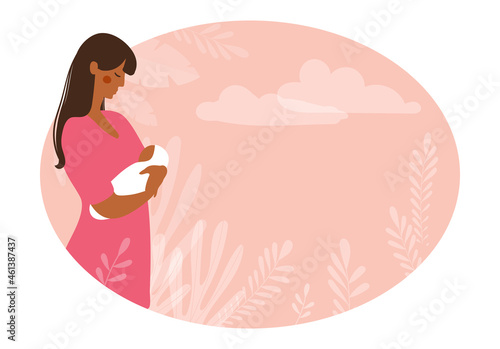 A beautiful black woman holds a newborn baby in her arms. Maternity and pregnancy concept, banner for antenatal clinic with place for text. Flat vector illustration.