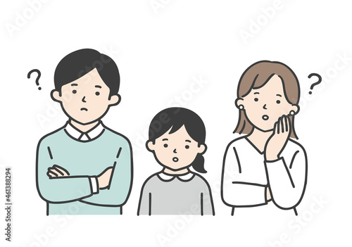 3人家族のイラスト・疑問のポーズ