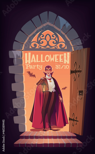 Halloween party.Vampire at the front door of his castle vector illustration