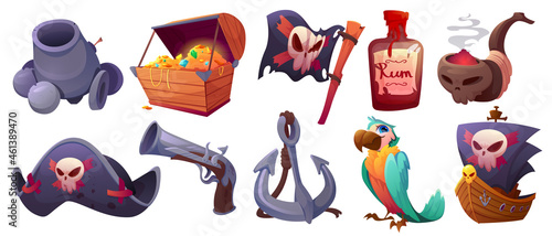 Set pirate items cartoon icons cannon, treasure chest, flag with jolly roger and rum bottle. Smoking pipe with skull, captain cocked hat, gun and anchor with parrot and battle ship Vector illustration