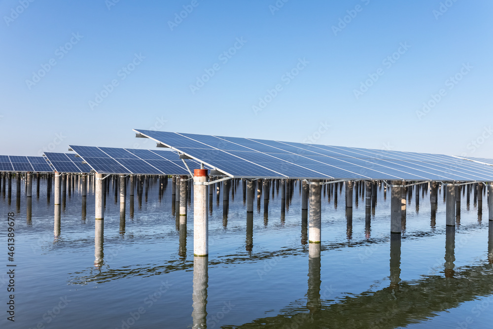 rows of solar panels on the water
