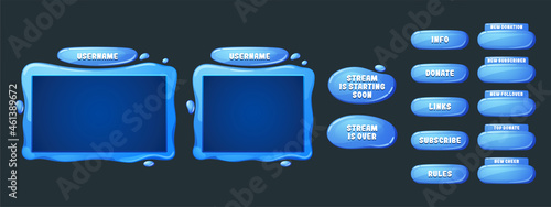 Game streaming overlay panels and buttons with water texture. Template of webcam video app design. Vector cartoon set of live stream blue frames for show gaming process