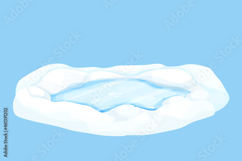 Frozen puddle, lake with ice and snow in cartoon style isolated on blue background. Cold water, seasonal clip art. Glossy and detailed. 