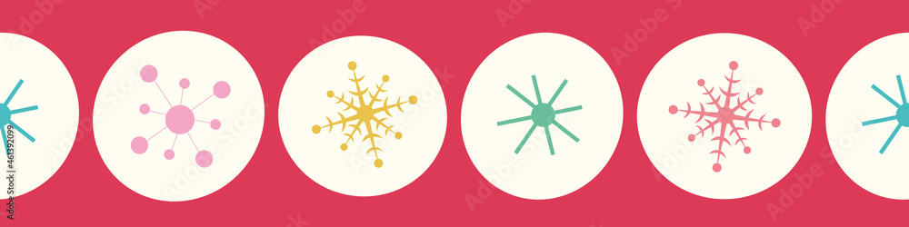 Christmas star and snowflake border. Vector seamless repeat seasonal banner of hand drawn stars and snowflakes in red, holiday element. Christmas star and snowflake border. Vector seamless repeat seasonal banner of hand drawn stars and snowflakes in red, holiday element.