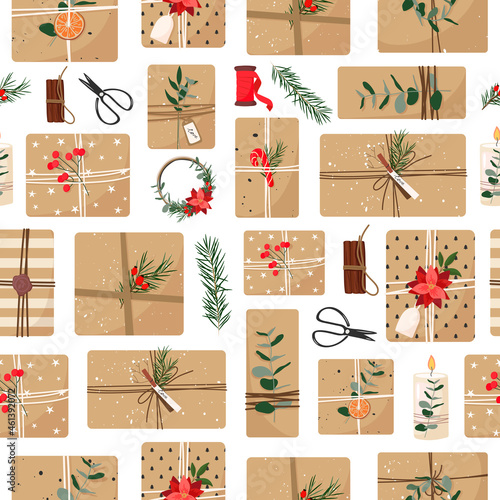 Christmas gifts in craft paper. Eco decor, eucalyptus and spruce. Preparing to celebrate Christmas and New Year 2022. Vector flat seamless pattern